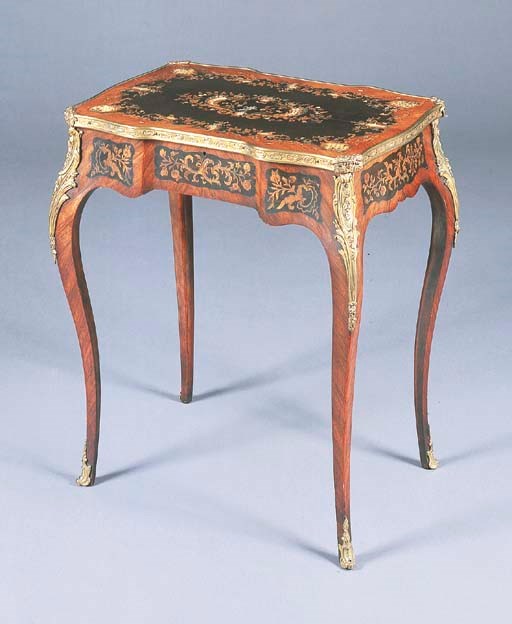 A NAPOLEON III ORMOLU-MOUNTED KINGWOOD AND MARQUETRY SERPENTINE WORK TABLE