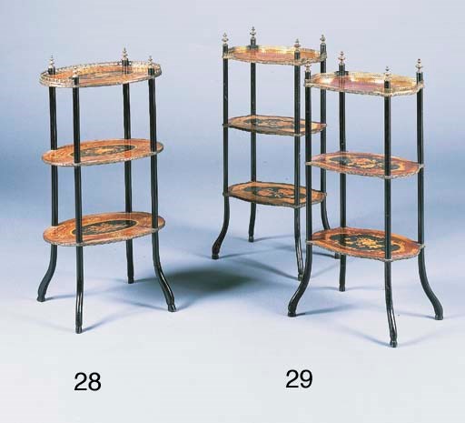 A NEAR PAIR OF NAPOLEON III EBONISED AND MARQUETRY ETAGERES