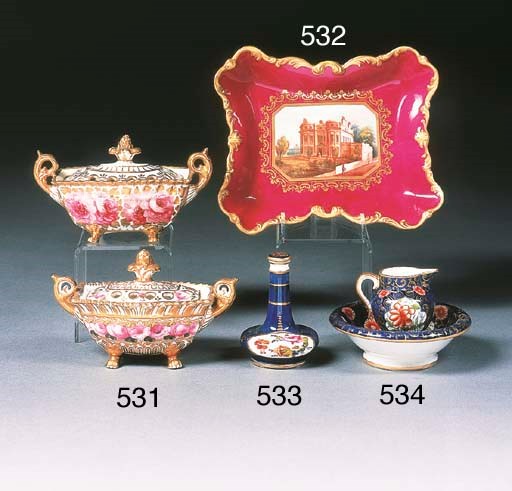 An English porcelain Imari pattern miniature jug and basin