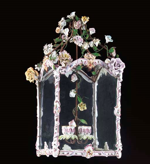 A LOUIS XV STYLE PORCELAIN-MOUNTED PAINTED-METAL HALL LANTERN,