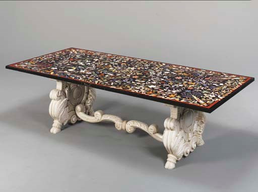 A PIETRA DURA TABLE TOP ON CARVED MARBLE BASE,