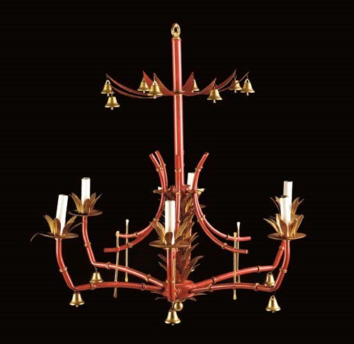 A CHINOISERIE STYLE RED-PAINTED AND PARCEL-GILT METAL SIX-LIGHT CHANDELIER,