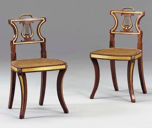 A PAIR OF REGENCY GRAIN-PAINTED AND PARCEL-GILT SIDE CHAIRS,