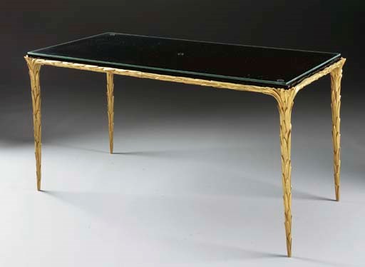 AN ORMOLU AND BLACK-GLASS LOW TABLE,