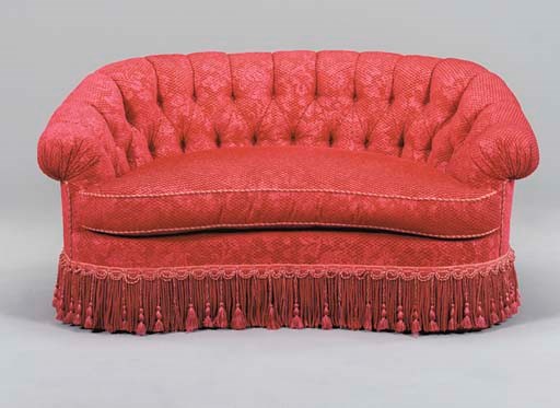 A TUFTED RED-CUT VELVET UPHOLSTERED SOFA,