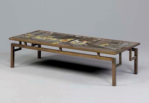 A BRASS AND POLYCHROME-LACQUERED BRASS COFFEE TABLE,