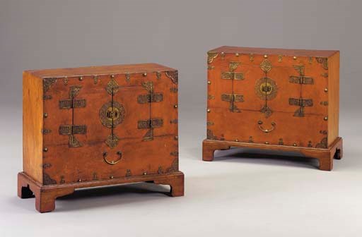 A PAIR OF ASIAN BRASS-MOUNTED RED-PAINTED CHESTS,