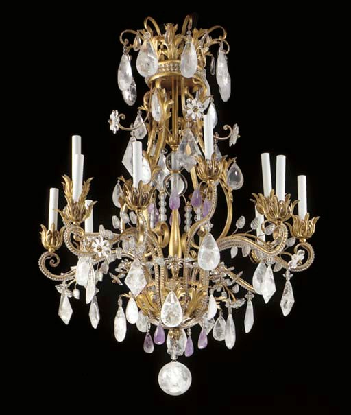 A LOUIS XV STYLE GILT-METAL, GLASS, ROCK CRYSTAL AND AMETHYST TWELVE-LIGHT CHANDELIER,