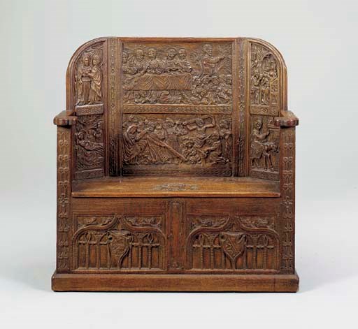 A FRENCH GOTHIC STYLE OAK SETTLE,
