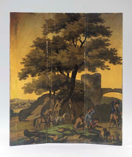 A FRENCH PAPIER-PEINT THREE PANEL FLOOR SCREEN,