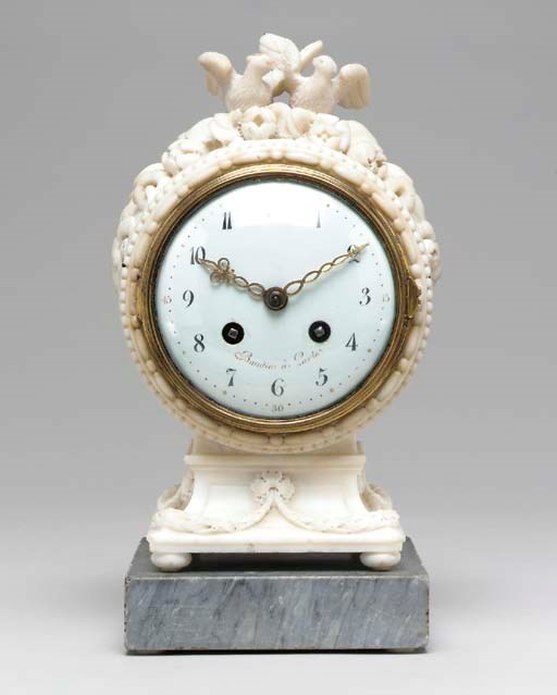 A LOUIS XVI STYLE WHITE MARBLE MANTLE CLOCK,