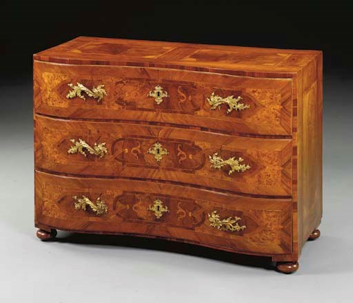 A SOUTH GERMAN ROCOCO ORMOLU-MOUNTED WALNUT, BURL BIRCH AND MARQUETRY COMMODE,