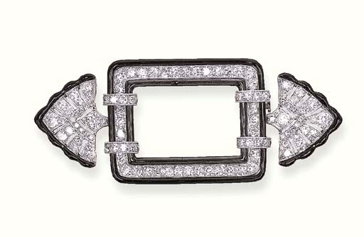 AN ART DECO DIAMOND AND ENAMEL BROOCH