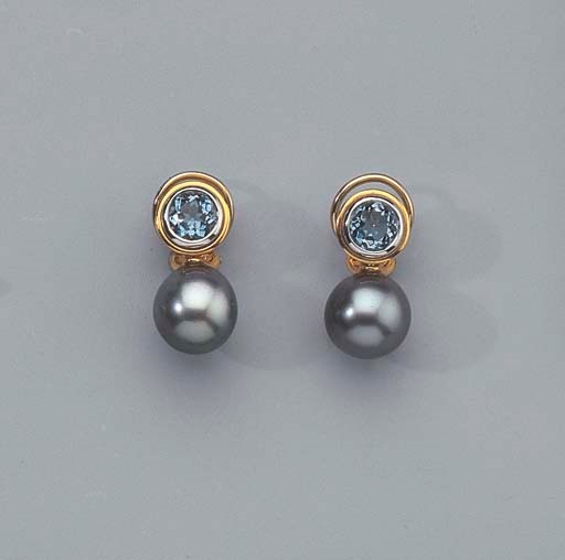 A PAIR OF GOLD, PEARL AND AQUAMARINE EAR PENDANTS