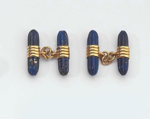 TWO PAIRS OF GOLD AND LAPIS LAZULI CUFFLINKS