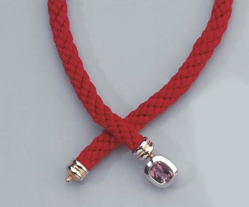 TWO GOLD AND SILK NECK BANDS AND TWO GOLD AND GEM PENDANTS