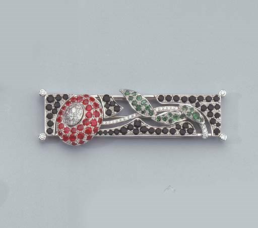 A WHITE-GOLD, DIAMOND AND GEM-SET BROOCH