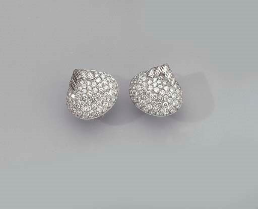 A PAIR OF WHITE-GOLD AND DIAMOND EAR CLIPS
