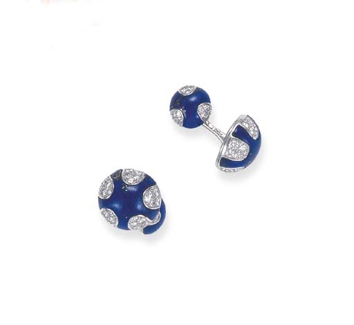 A PAIR OF LAPIS LAZULI AND DIAMOND CUFF LINKS, BY VAN CLEEF & ARPELS