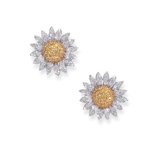 A PAIR OF YELLOW SAPPHIRE AND DIAMOND FLORAL EARCLIPS, BY DELLA VALLE