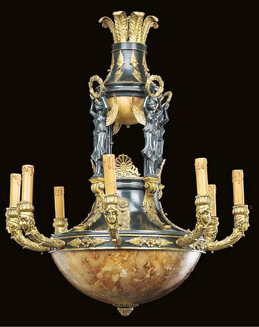 A Continental patinated and gilt metal eight light electrolier, first quarter 20th century