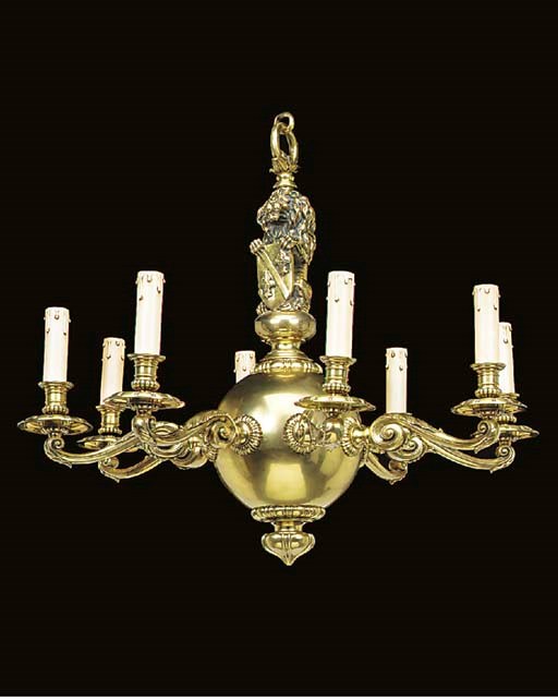 A Continental brass eight light chandelier, 20th century