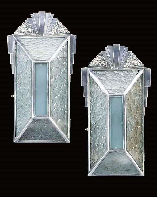 A pair of silvered metal and opaque glass wall lanterns, 20th century