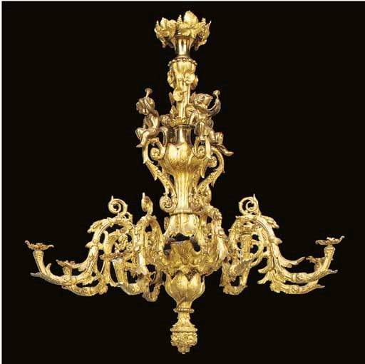 An early Victorian gilt bronze eight light gasolier, mid 19th century