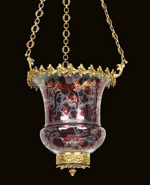 A gilt metal and ruby flashed glass hanging light, 20th century