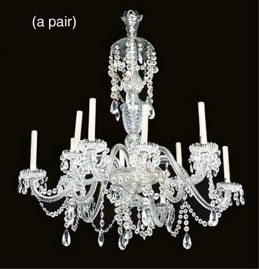 A pair of moulded glass twelve light chandeliers, basically second half 19th century