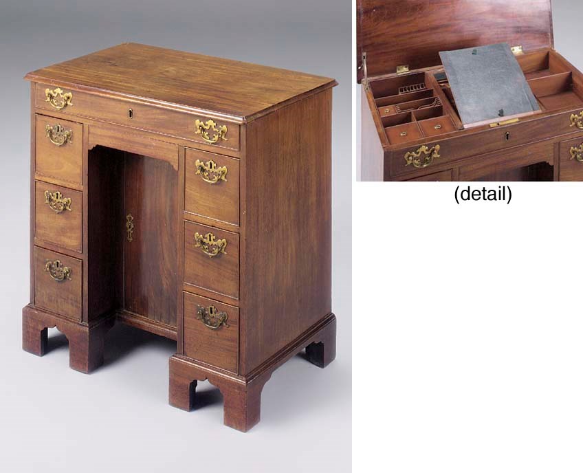 A EARLY GEORGE III MAHOGANY ENCLOSED KNEEHOLE DRESSING CHEST OR DESK