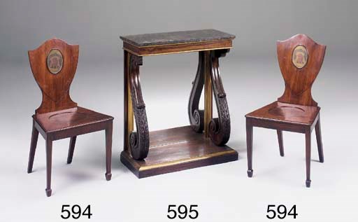 A PAIR OF GEORGE III MAHOGANY AND DECORATED HALL CHAIRS