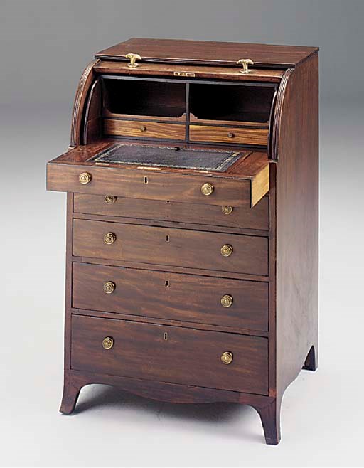 A MAHOGANY AND EBONY STRUNG CYLINDER BUREAU, 19TH CENTURY, of small size
