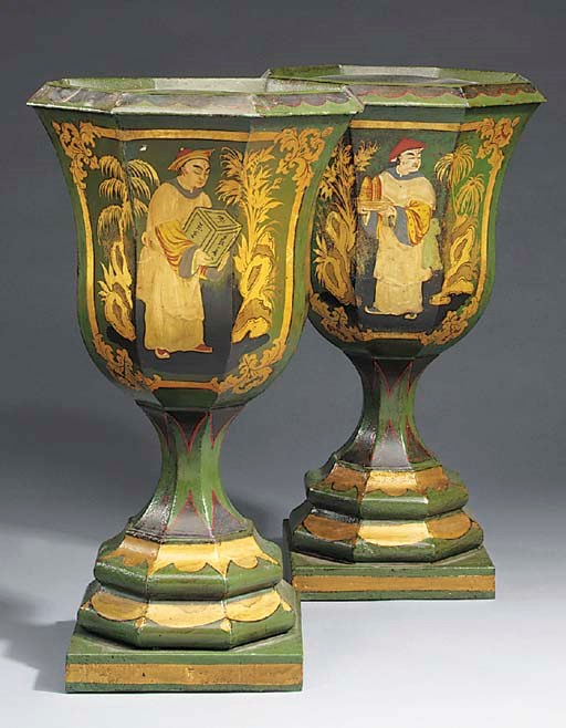 A pair of English japanned octagonal ornamental metal urns, circa 1840
