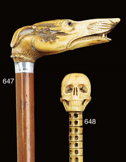 A Victorian marine vertebrae and ivory walking stick