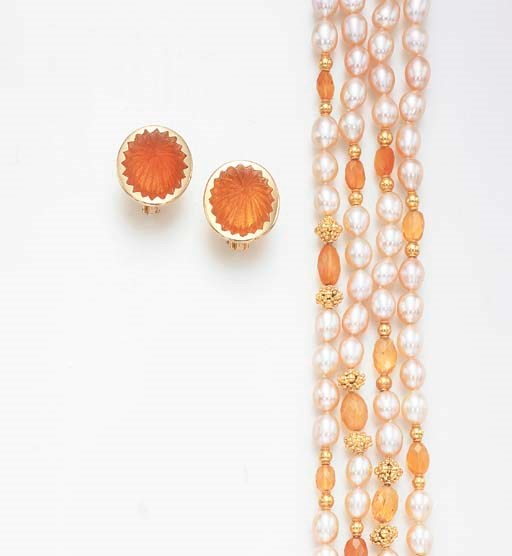 A SUITE OF FIRE OPAL AND FRESHWATER PEARL JEWELRY