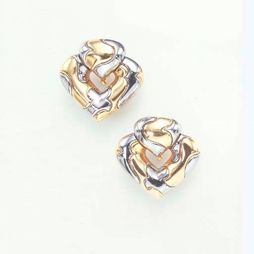 A PAIR OF BICOLORED GOLD EAR PENDANTS, BY MARINA B.