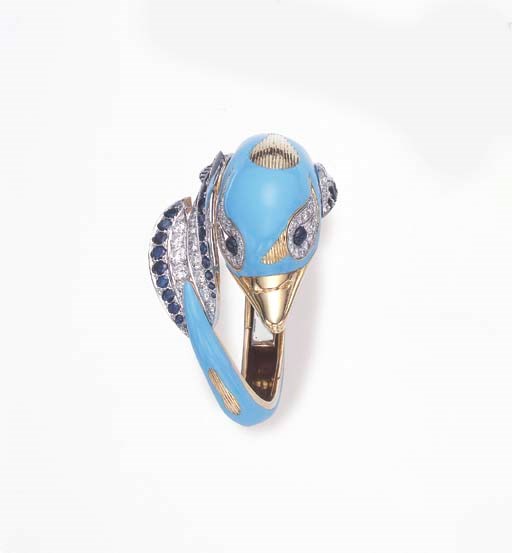 A DIAMOND, SAPPHIRE, BLUE ENAMEL AND GOLD DOLPHIN BANGLE BRACELET, BY BULGARI