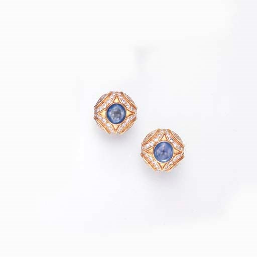 A PAIR OF SAPPHIRE AND DIAMOND EAR CLIPS, BY BULGARI