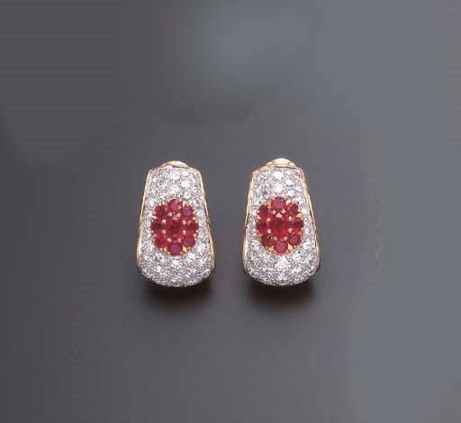 A PAIR OF RUBY AND DIAMOND EAR CLIPS, BY DAVID WEBB