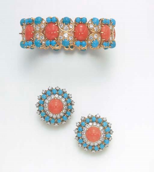 **A SET OF CORAL, DIAMOND AND TURQUOISE JEWELRY