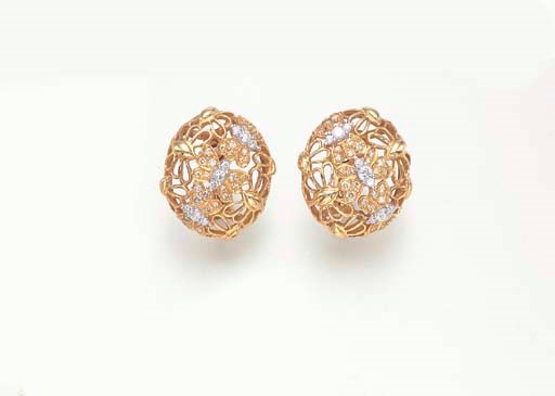 A PAIR OF DIAMOND AND COLORED DIAMOND EAR CLIPS