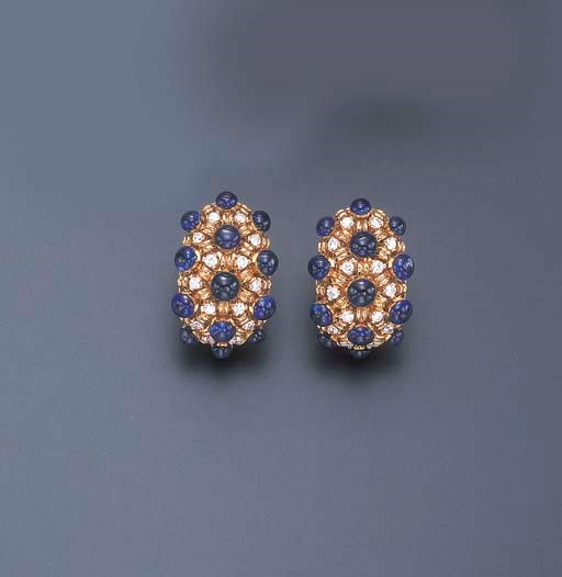 A PAIR OF SAPPHIRE AND DIAMOND EAR CLIPS