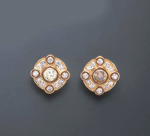 A PAIR OF COLORED DIAMOND AND DIAMOND EAR CLIPS, BY BULGARI
