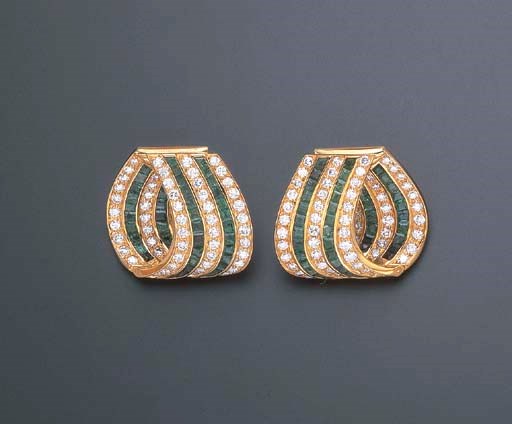 A PAIR OF EMERALD AND DIAMOND EAR HOOPS