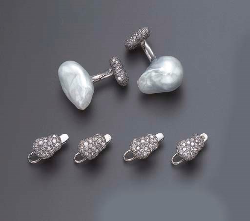 A CULTURED BAROQUE PEARL AND COLORED DIAMOND DRESS SET, BY MIMI BIJOUX ET OBJETS D'ART
