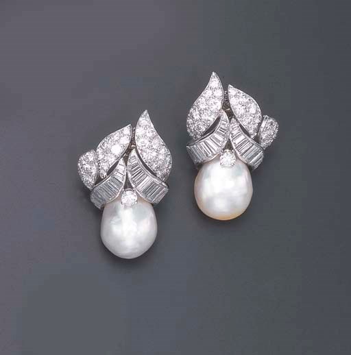 A PAIR OF DIAMOND AND BAROQUE CULTURED PEARL EAR CLIPS, BY DAVID WEBB