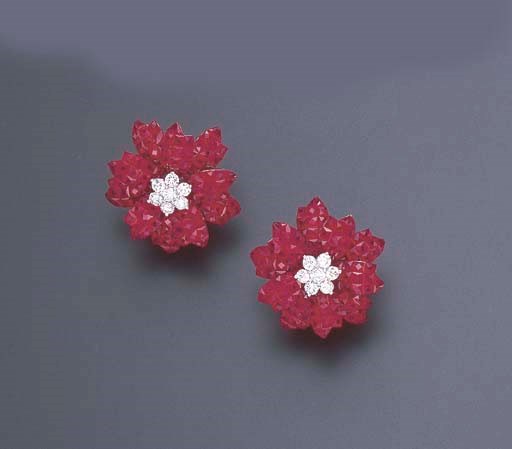 A PAIR OF RUBY AND DIAMOND EAR CLIPS