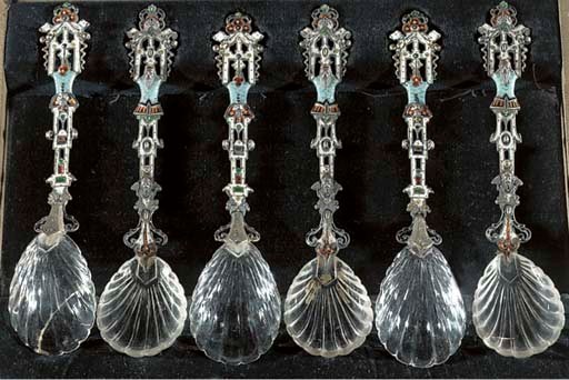 A set of six Viennese enamelled and rock crystal spoons