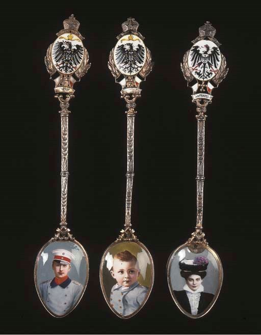 Three German silver and enamel small spoons, six English silver-gilt teaspoons and a miniature